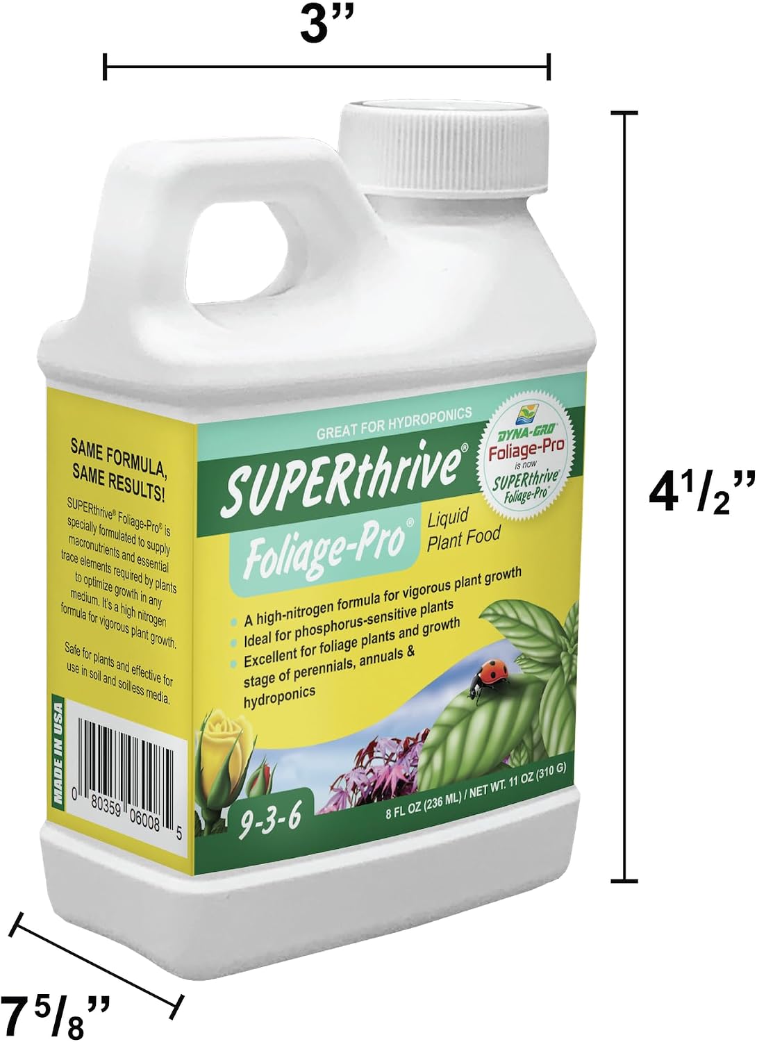 Foliage Pro 8 fl oz bottle measured at 3 inches wide and 4.5 inches tall