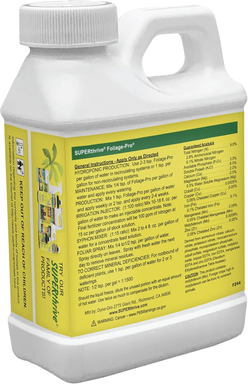Back label of Foliage Pro 9-3-6 showing the general instructions and dilution rates