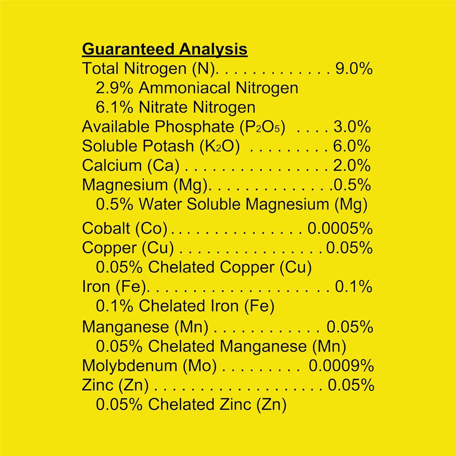 Foliage Pro 9-3-6 guaranteed analysis panel listing nitrogen, phosphate, potash, calcium, magnesium and chelated trace minerals