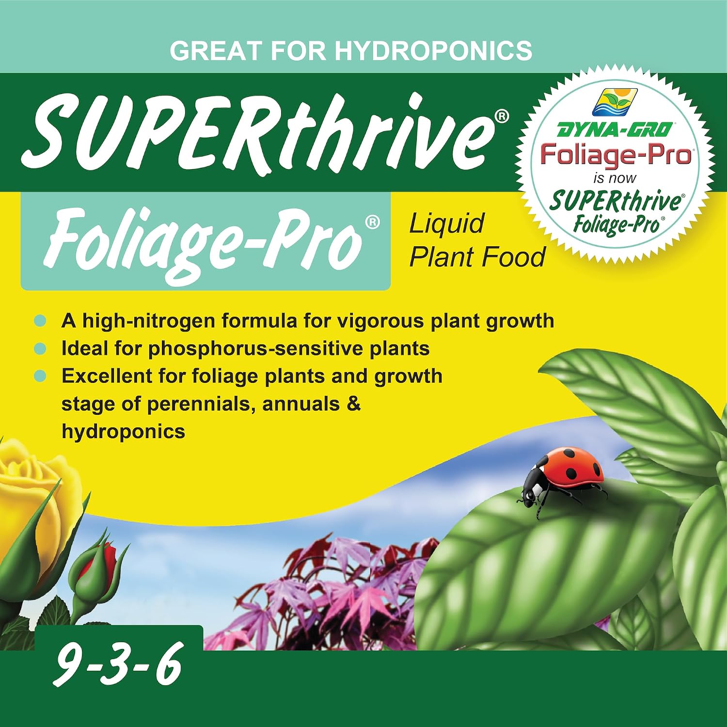 Foliage Pro 9-3-6 front label with the Dyna-Gro Foliage-Pro is now SUPERthrive Foliage-Pro badge