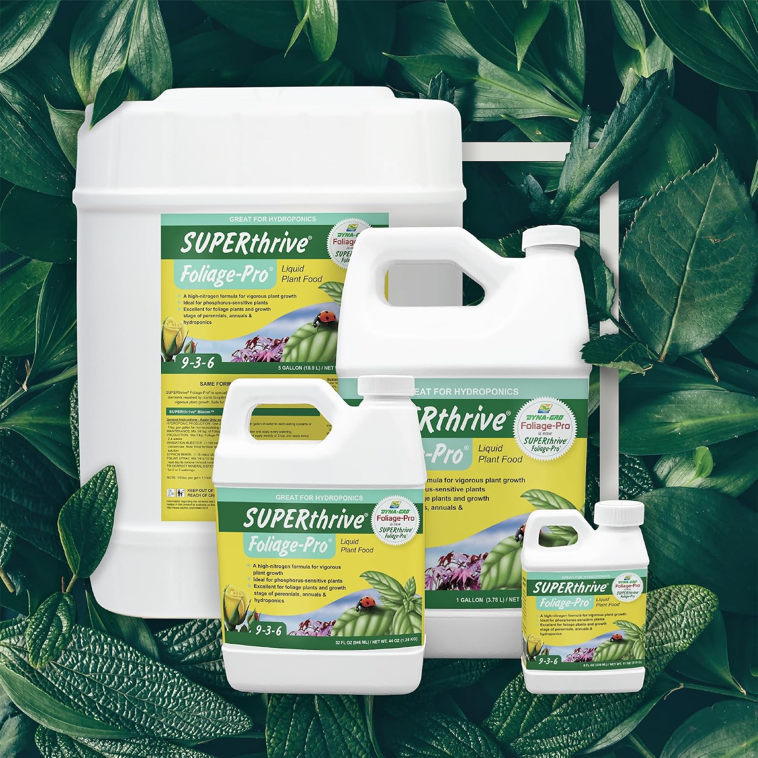 Foliage Pro 9-3-6 in all four sizes: 8 fl oz, 32 fl oz, 1 gallon and 5 gallon containers